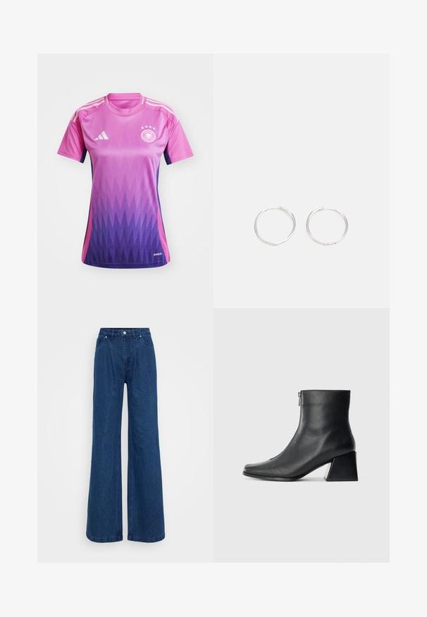 Camiseta de fútbol en degradado de rosa y morado, de manga corta, cuello redondo, con tres rayas blancas en los hombros y un logo en el pecho.; Pantalones vaqueros de mezclilla azul de pierna ancha con cintura alta, cierre frontal de botón y cremallera, y bolsillos delanteros y traseros sobre un fondo liso.; Botín de cuero negro hasta el tobillo con punta cuadrada, cremallera lateral y tacón bloque, sobre un fondo claro liso.; Pendientes aros de plata con un diseño redondo y elegante, que presentan una superficie lisa y sin adornos visibles. Diámetro no especificado.
