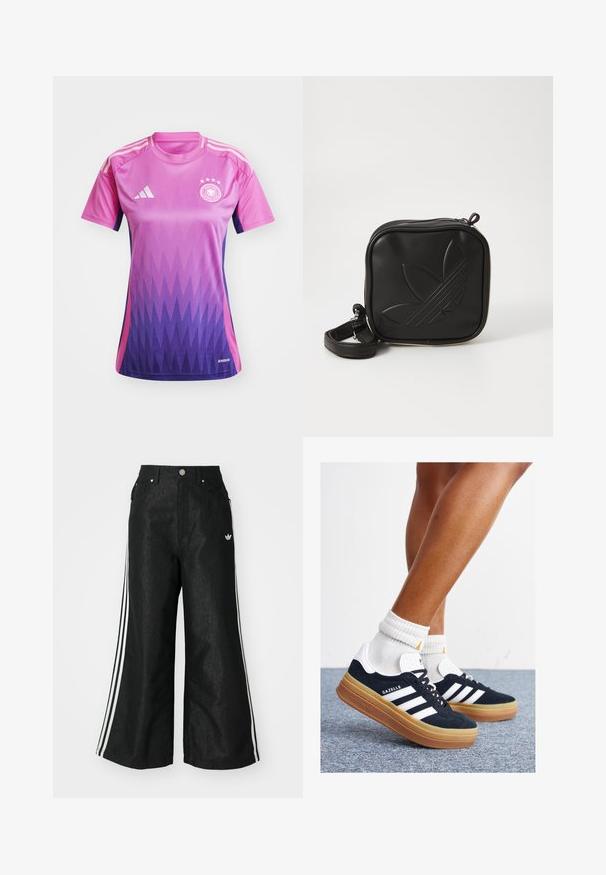 Fodboldtrøje i gradient rosa og lilla, korte ærmer, rund hals, med tre hvide striber på skuldrene og et logo på brystet.; Sorte vide denim bukser med tre hvide striber på hver side og et lille hvidt logo. Indeholder forlommer og en knaplukning.; Sorte sneakers i ruskind med hvide striber og detaljer, rundet tå, ydersål i gummi, kombineret med hvide ribstrikkede crew sokker.; Sort kvadratisk crossbody taske lavet af tekstureret syntetisk materiale. Har et prægede logo design og justerbar strop. Lynlåslukning.