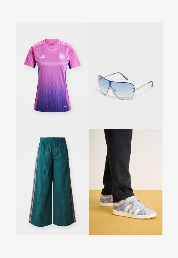 Futbalový dres v gradientných odtieňoch ružovej a fialovej, s krátkymi rukávmi, okrúhlym výstrihom, tromi bielymi pruhmi na pleciach a logom na hrudi.; Tyrkysové široké nohavice s elastickým pásom, s pruhovanými akcentmi v ružovej a bielej farbe na bokoch, vyrobené z ľahkej látky.; Svetlomodré tenisky s hadím vzorom, so švýkovými pruhmi a šnúrkami, položené na žltom podlahe.; Pilotné slnečné okuliare s prechodovým modrým sklom, strieborným kovovým rámom a ozdobnými hviezdičkovými akcentmi na sklách. Hladký a elegantný dizajn.