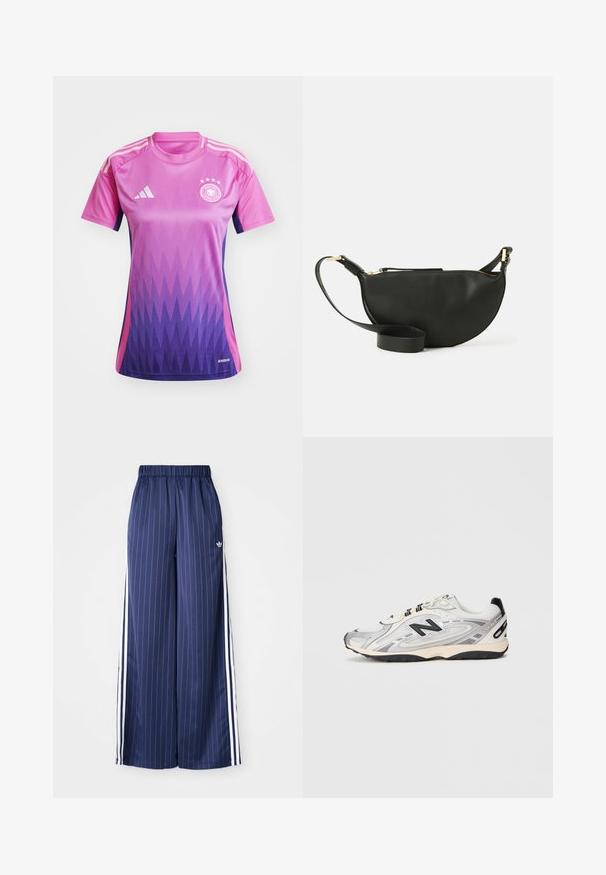 Football shirt in gradient pink and purple, short sleeves, crew neck, with three white stripes on shoulders and a logo on the chest.; Navy blue wide-leg pants with vertical white stripes, elastic waistband, and three white stripes along each side, made from a lightweight material.; Gray and white athletic shoe with a rounded toe, mesh and synthetic materials, black accents, and a textured rubber sole.; Black leather crossbody bag with half-moon shape, textured surface, gold zipper, and a flat strap. Compact design suitable for essentials.