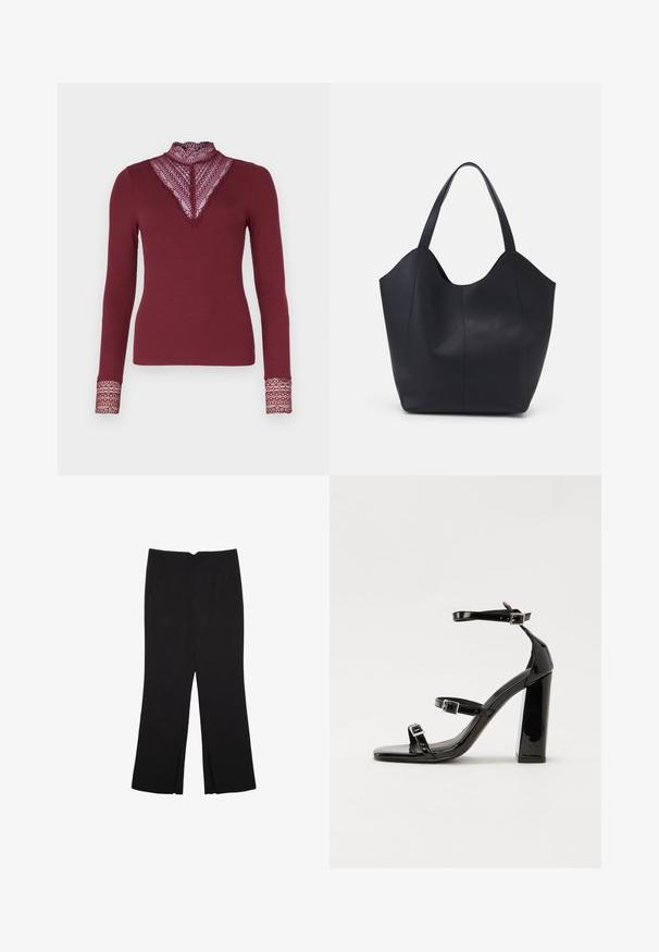 ONLY ONLTILDE HIGH NECK - Långärmad tröja - burgundy; Svarta byxor med rak passform, utrustade med framfickor och sidoklyvningar vid fållen. Tillverkade av mjukt, slätt tyg. Lämpliga för olika tillfällen.; Svarta lackerade klacksandaler med fyrkantig tå, ankelremmar och silverfärgade spännen. Har en kraftig blockklack för stabilitet.; Svart tote-väska i slät läder, med en böjd, öppen topp, två axelremmar och en minimalistisk design.
