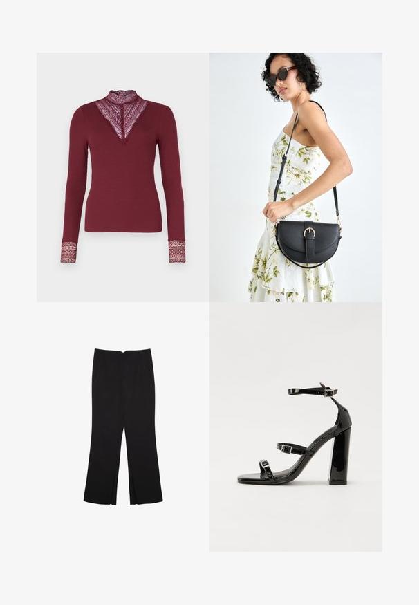ONLY ONLTILDE HIGH NECK - Pitkähihainen paita - burgundy; Mustat housut suoralinjaisella leikkauksella, joissa on etutaskut ja sivurei'ät helman alla. Valmistettu pehmeästä ja sileästä kankaasta. Sopii eri tilaisuuksiin.; Musta kiiltävä korkokenkä sandaalit neliönmuotoisella varpaalla, nilkkaremmillä ja hopeisilla soljilla. Varustettu tukevalla lohkokorkealla vakauden takaamiseksi.; Musta nahkainen käsilaukku, joka on kaareva muotoilultaan, irrotettavalla hihnalla ja kultaisilla yksityiskohdilla. Laukussa on läppä, jossa on solk yksityiskohta.