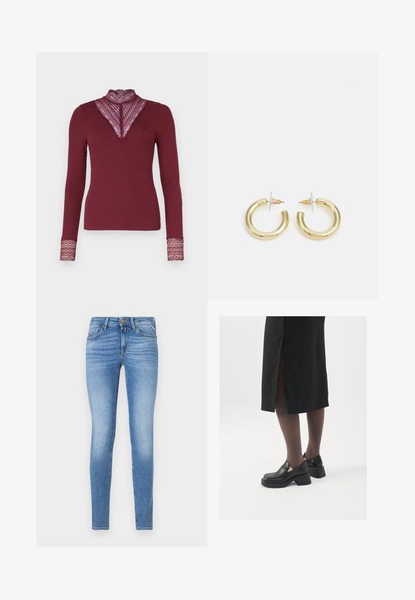 ONLY ONLTILDE HIGH NECK - Langarmshirt - burgundy; Slim-Fit hellblaue Jeans im Denim-Stil mit mittelhohem Bund, vorderem Knopf und Fünf-Taschen-Design.; Schwarze Lederschuhe mit abgerundetem Zeh, dicker Blockabsatz und elastischen seitlichen Akzenten, kombiniert mit dunklen Strumpfhosen und einem schwarzen Rock mit Schlitz.; Goldene Creolen mit einer glatten, glänzenden Oberfläche. Zirkuläres Design mit einem kleinen Stecker und einer klaren Rückseite für einen sicheren Sitz.
