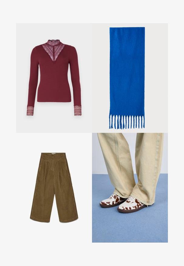 ONLY ONLTILDE HIGH NECK - Long sleeved top - burgundy; Brown wide-leg corduroy pants with high waist, front pleats, side pockets, and a button closure.; White and brown patterned sneakers with mesh and leather, featuring brown rubber soles. Paired with light beige wide-leg pants.; Blue fringed scarf made of soft fabric; features a solid color with a textured surface and evenly cut fringe at the bottom.
