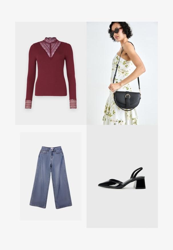 ONLY ONLTILDE HIGH NECK - Langarmshirt - burgundy; Weite Denim-Jeans in einer hellblauen Wäsche, mit hoher Taille, Fronttaschen und einem Knopfverschluss mit Gürtelschlaufen.; Schwarze Lackleder-Slingback-High Heels mit spitzem Schuh und einem geometrischen Blockabsatz. Verfügt über ein schlankes, minimalistisches Design und eine glatte Textur.; Schwarze Lederhandtasche mit geschwungener Form, abnehmbarem Tragegurt und goldenen Beschlägen. Die Tasche verfügt über einen Deckel mit einer Schnallen-Details.; Drei Haarklammern: eine graue durchsichtige Klammer, eine gepunktete blau-weiße Klammer und eine rot-grün gemusterte Klammer, alle mit einer strukturierten Oberfläche.