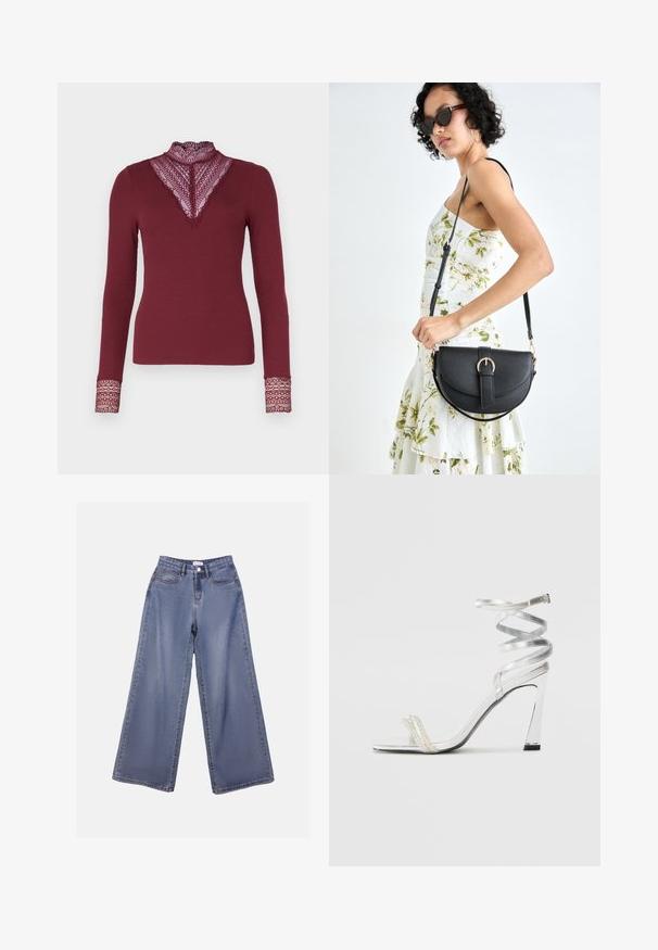 ONLY ONLTILDE HIGH NECK - Långärmad tröja - burgundy; Breda ben denimjeans i en ljusblå tvätt, med hög midja, framfickor och knappstängning med bälteshällor.; Silver högklackad sandal med en glänsande remdesign, som har en pärlliknande detalj och en spiralformad vristrem för ett säkert grepp.; Svart läderhandväska med en böjd form, avtagbar rem och guldiga detaljer. Väskan har ett lock med en spänndetalj.