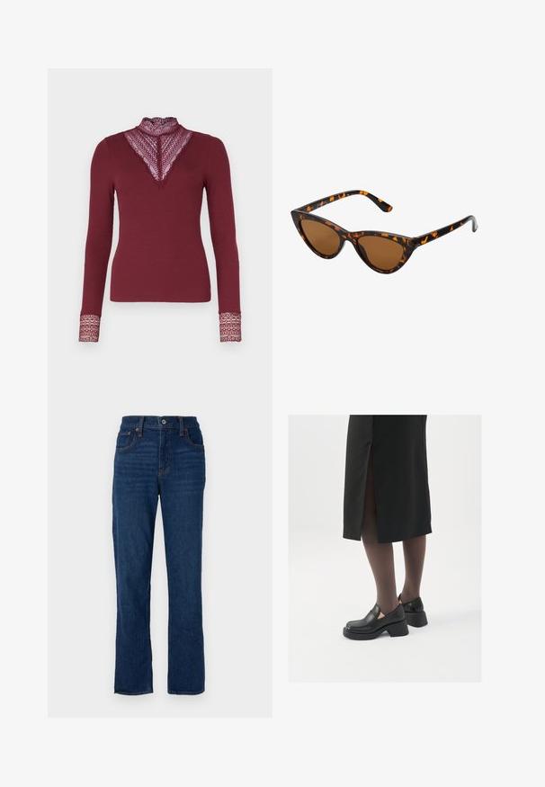ONLY ONLTILDE HIGH NECK - Tops ar garām piedurknēm - burgundy; Tumši zili džinsi ar taisnu kāju piegriezumu, piecu kabatu dizainu, oranžiem diegiem un pogu aizdari jostā.; Melni ādas apavi ar noapaļotu purngalu, biezām bloku papēžiem un elastīgiem sānu akcentiem, apvienoti ar tumšām zeķubiksēm un melnu svārku ar šķirbu.; Kaķa acs saulesbrilles ar melnu un oranžu bruņurupuču rakstu rāmi, brūnām lēcām un elegantiem, norādītiem galiem. Rāmī ir minimālists logos uz tempļa.