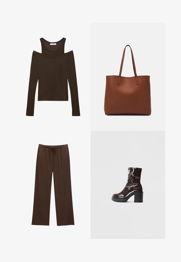 Brown long-sleeve top with off-shoulder design, made of soft fabric, featuring a scoop neckline and a fitted shape. Simple stitching details.; Brown wide-leg pants made from soft fabric, featuring an elastic waistband with a drawstring and two side pockets.; Glossy burgundy ankle boot with a chunky black heel, featuring a smooth texture and simple design. No visible fastenings or patterns.; Brown leather tote bag with a smooth texture, open top design, and two shoulder straps. Features minimal stitching and no visible hardware.