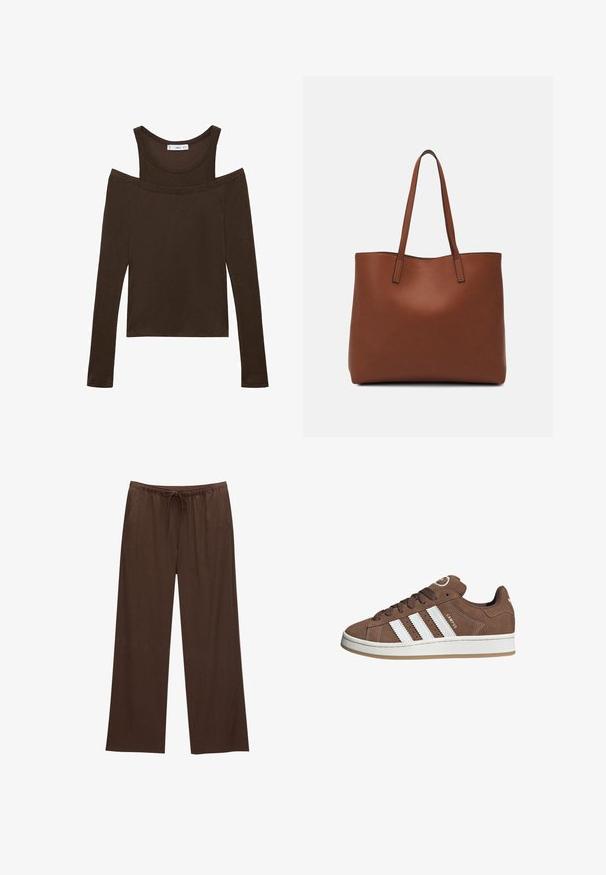 Brun långärmad topp med off-shoulder design, tillverkad av mjukt tyg, med en skopa halsringning och en figurnära passform. Enkla sömnadsdetaljer.; Bruna vida byxor i mjukt tyg, med resårmidja och dragsko samt två sidofickor.; Bruna mockaskor med vita läderremsor, gummisula, rund tå och snörning framtill. Har en logotyp på tungan och perforerade detaljer.; Brun läder tote-väska med en slät textur, öppen toppdesign och två axelremmar. Har minimal söm och ingen synlig metalldetalj.