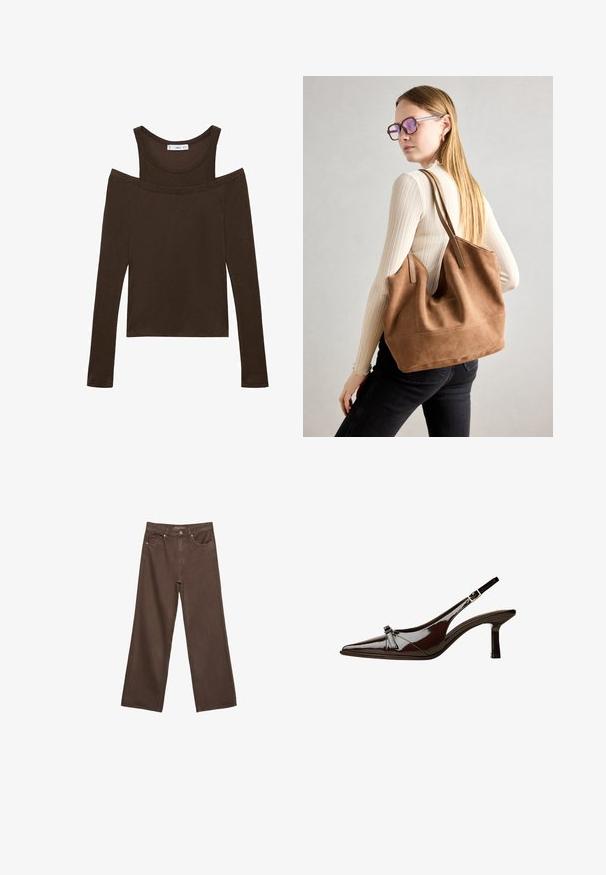 Smeđa bluzica dugih rukava s dizajnom bez naramenica, izrađena od mekog materijala, s izrezom u obliku lijevika i prilagođenim krojem. Jednostavni detalji šivanja.; Proširene smeđe traperice od denima, s visokim strukom, prednjim džepovima i klasičnom kopčom na dugme. Glatka tekstura s suptilnim šavovima.; Smeđe lakirane slingback cipele s upPointom, niskom petom i dekorativnom mašnom sprijeda. Glatka, sjajna tekstura.; Smeđa suede torba sa mekom teksturom, širokim otvorom i dugim trakama. Ima jednostavan dizajn s vidljivim šavovima i bez hardvera.