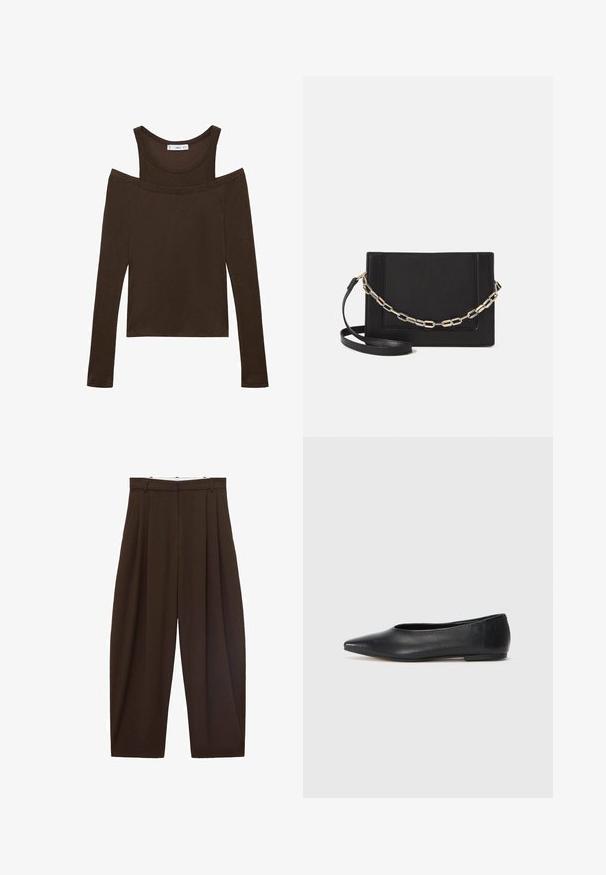 Hnedý dlhý rukáv top s off-shoulder dizajnom, vyrobený z mäkkého materiálu, s okrúhlym výstrihom a priliehajúcim strihom. Jednoduché švy.; Hnedé nohavice s vysokým pásom a skladaním, vyrobené z hladkej tkaniny. Voľný strih, rovný strih nohavíc, s pútkami na opasok a so zipsom.; Čierne kožené baletky, špicatý špička, minimalistický dizajn, hladká textúra, nízky podpätok, bez viditeľných prvkov alebo ozdôb.; Čierna kožená crossbody taška s hladkou textúrou, obdĺžnikovým tvarom a kovovým reťazovým detailom na prednej strane. Súčasťou je nastaviteľný popruh.