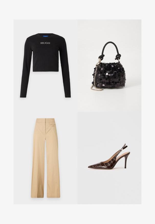 Must värvi puuvillane lühikeste varrukatega särk, millel on ümmargune kaelus ja valge eesmine logo koos naeratava näo aktsendiga.; Beige laiad sääred püksid, mis on valmistatud puuvilla segakangast. Omavad siledat tekstuuri, elastset vöökohta ja külgmist nööbiga detaili.; Pruun, krokodillikujutusega nahast slingback pump, millel on terav varvas, avatud küljed ja õhuke kõrge konts. Kujundatud kinnitusega. ; Must have mustrõngus mustal sädelev mini käekotil on sõlme tekstuuriga rihm ja hõbedane ketis. Ümar kuju, kokku kogutud ülaosa ja peegeldav detail.