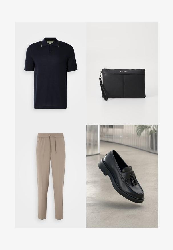 Mørkeblå kortermet polo-skjorte med to knapper og subtil beige kant på kragen, vist mot en enkel lys bakgrunn.; Lys beige bukser med elastisk talje, justerbar snor og avsmalnede ben. Stoffet ser glatt ut med en svak glans.; Svarte skinnloafers med jevn finish, dekorativ dusk, tykk gummisåle og syede detaljer. Lettvektig og elegant design.; Svart syntetisk clutch med glidelås, håndleddsrem og en glatt tekstur. Har subtil søm og et logo preget på forsiden.
