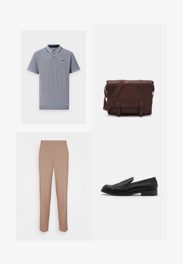 Polo grigio con colletto a righe nere e bianche a contrasto, patta con tre bottoni e dettaglio logo discreto sul petto.; Pantaloni beige su misura in tessuto liscio e strutturato. Vestibilità dritta con cintura in vita, senza decorazioni o tasche visibili.; Mocassini in pelle nera con finitura liscia, punta arrotondata e una piccola pattina decorativa. Presentano un tacco basso e impilato e un sottile dettaglio di branding.; Borsa a tracolla in pelle marrone con un davanti piatto, due cinghie, dettagli in metallo dorato e una tracolla regolabile.