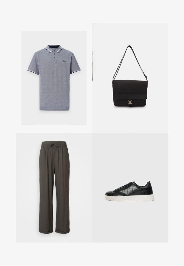 Polo grigio con colletto a righe nere e bianche a contrasto, patta con tre bottoni e dettaglio logo discreto sul petto.; Pantaloni a gamba larga grigio scuro con vita regolabile, realizzati in un morbido tessuto testurizzato, con risvolti alle caviglie.; Sneaker nere con una toma superiore in pelle con effetto croc embossato, punta rotonda e suola in gomma bianca a contrasto con una finitura liscia.; Borsa a tracolla nera realizzata in materiale liscio, con un lembo pieghevole, hardware in metallo argentato e una tracolla regolabile.