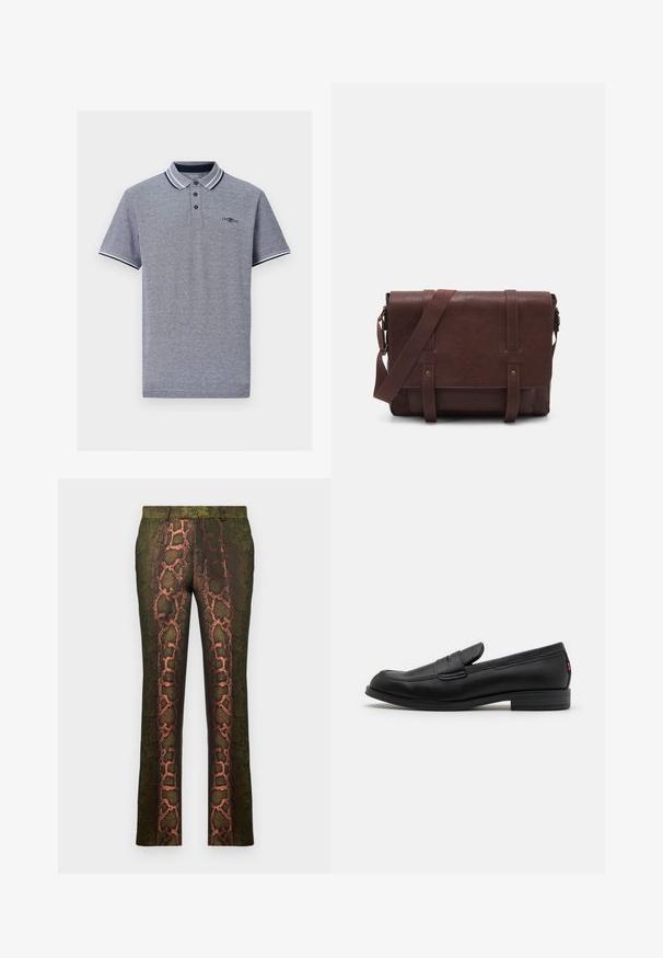 Hallikas polo-särk kontrastsete tumesiniste ja valgete triipudega kraega, kolme nupuga front, ning peene logo detailiga rinnal.; Roheline mustriga püksid, millel on madu trükk pruunide ja oranžide varjunditega, sirge lõikega ja siledast tekstuurist.; Mustad mustad nahast loaferid siledast viimistlusest, ümmargune nina ja väike dekoratiivne klapp. Omab madalat kokkupandud kontsa ja diskreetset brändingut.; Pruunist nahast sõnumiekot, millel on lame eesmine klapp, kaks rihma, kullatud detailid ja reguleeritav õlarihm.