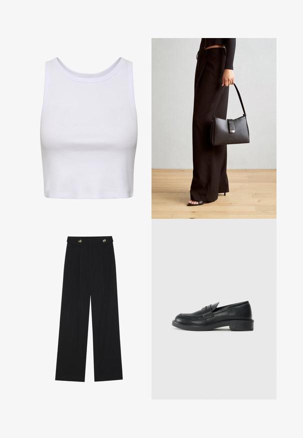 Valge lühike topp, mis on valmistatud ribakangast, ümarate kaelustega ja varrukateta kujundusega, millel on keha lähedane siluett. Ilma mustrite või aktsentideta.; Mustad laiad püksid kõrge vöökoha ja nööpdetailidega vööandil, esikortsudega.; Mustad nahast loafers ümarate varvastega, tikkimiste detailidega ja väikese kandiga. Sile pind ja paindlik kummist tald.; Must musta kott, millel on struktureeritud kuju, sile tekstuur ja metallist klamber. Kombineeritud laiate mustade pükstega ja avatud varvaste sandaalidega puidust põrandal.
