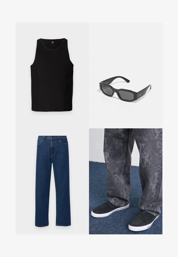 Black ribbed tank top with wide armholes and a rounded neckline. Features a smooth fabric texture and subtle logo on the front.; Dark blue straight-leg denim jeans with front pockets and a button closure, displayed on a plain white background.; Black slip-on shoes with white sole, textured, paired with grey jeans featuring a subtle patterned design, set against a blue carpet background.; Black rectangular sunglasses with dark lenses. Thick plastic frame with a smooth finish, featuring subtle branding on the side.