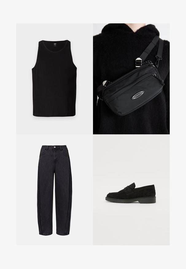 Crna ženska majica bez rukava s širokim otvorima za ruke i zaobljenim izrezom. Ima glatku teksturu tkanine i suptilan logotip sprijeda.; Crne široke traperice izrađene od denima s glatkom teksturom. Imaju visok struk, prednje džepove i zatvaranje na gumbe na struku.; Crne samočiste čizme od nubuka s niskim potpeticama, s jednostavnom trakom na gornjem dijelu i teksturiranim detaljima uz bočne strane.; Crna najlon crossbody torba s podesivom trakom, koja se odlikuje glatkom teksturom, prednjim džepom na patentni zatvarač i logotipom kao akcentom.