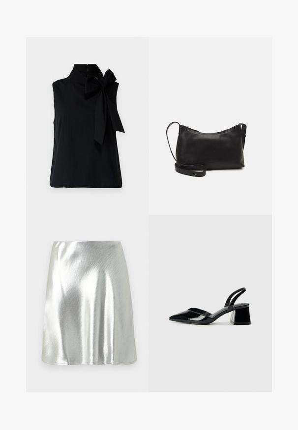 Crna majica bez rukava s visokim ovratnikom, s velikom mašnom na lijevoj strani. Izrađena od glatkog, mekanog materijala s čistim rubom.; Srebrnometalna mini suknja s glatkom teksturom i blagim sjajem. Ima široki kroj i jednostavan, uredan rub.; Crne lakirane kožne sandale s otvorenom petom i špicastim vrhom, s geometrijskom blok petom. Imaju elegantan, minimalistički dizajn i glatku teksturu.; Crna kožna torba na rame s glatkom teksturom, zakrivljenim oblikom, podesivim remenom i zatvaranjem na patentni zatvarač. Minimalistički dizajn bez ukrasa.
