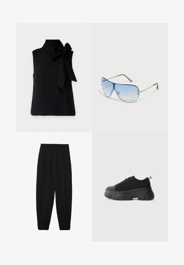 Top negro sin mangas con un alto cuello, que presenta un gran lazo en el lado izquierdo. Fabricado en un tejido suave y liso con un dobladillo limpio.; Pantalones negros, ligeros, con cintura elástica y tobillos fruncidos. La tela es suave y presenta un diseño relajado y ajustado.; Zapatillas negras con suela de goma gruesa, parte superior de tela texturizada, punta redonda y diseño con cordones. Presenta ojales reforzados y tirador en la parte trasera.; Gafas de sol tipo aviador con lentes azul degradado, montura de metal plateado y acentos decorativos de estrellas en los lentes. Diseño suave y elegante.
