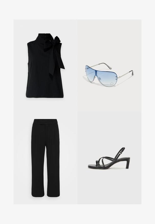 Must värviga ilma varrukateta topp kõrge kraega, millel on suur paela detail vasakul pool. Valmistatud siledast, pehmest kangast ja puhta äärega.; Mustad laiad püksid, mis on valmistatud siledast kangast, sirge esiotsaga, vööloopide ja nähtamatute taskuteta. Puhtad, vormikohased jooned.; Mustast rihmajalatsid ruudukujulise varba ja madala ploki kontsaga. Omab mitmeid õhukesi rihmasid ja reguleeritavat pahkluu rihma. Valmistatud siledast nahast.; Aviatori prillid, millel on gradient sinine objektiiv, hõbedane metallraam ja dekoratiivsed staaraktsendid objektiivil. Sujuv ja stiilne disain.