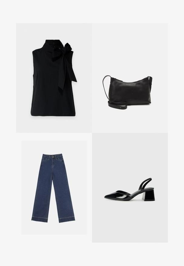 Crna majica bez rukava s visokim ovratnikom, s velikom mašnom na lijevoj strani. Izrađena od glatkog, mekanog materijala s čistim rubom.; Široke traperice u tamnoplavom denimu. Imaju pet džepova, petlje za pojas i siroki rub na dnu s vidljivim detaljima šavova.; Crne lakirane kožne sandale s otvorenom petom i špicastim vrhom, s geometrijskom blok petom. Imaju elegantan, minimalistički dizajn i glatku teksturu.; Crna kožna torba na rame s glatkom teksturom, zakrivljenim oblikom, podesivim remenom i zatvaranjem na patentni zatvarač. Minimalistički dizajn bez ukrasa.