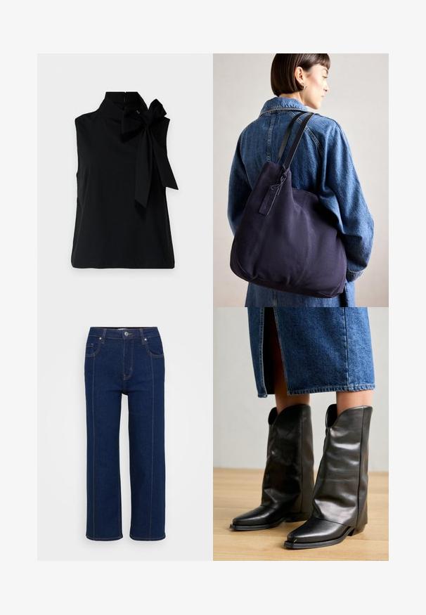 Top negru fără mâneci, cu guler înalt, ce prezintă un detaliu mare sub formă de fundă pe partea stângă. Fabricat dintr-un material neted și moale, cu un tiv curat.; Blugi drept de culoare albastru închis, cu închidere prin buton, buzunare frontale și dorsale, și cusături portocalii vizibile pe margini.; Pavement CALLISTA - Cizme cowboy/biker - black; Geantă de umăr din pânză navy cu o formă moale și structurată, având o curea neagră, detalii cusute și un eticheta mică a brandului.