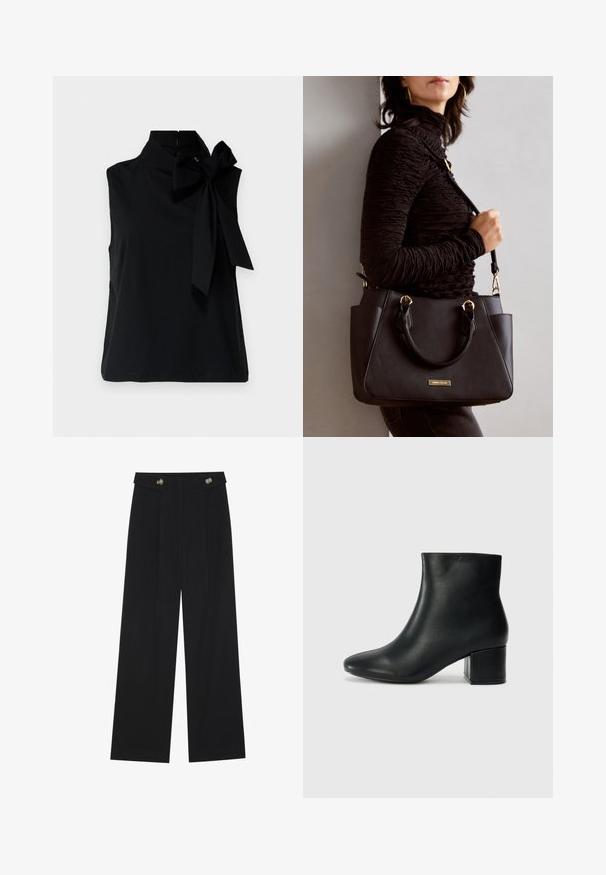 Black sleeveless top with a high collar, featuring a large bow detail on the left side. Made from smooth, soft fabric with a clean hem.; Black wide-leg trousers with high waist, button details on waistband, and front pleats.; Black leather ankle boots with a pointed toe and a chunky heel. Smooth texture with minimal accents and a sleek, fitted design.; Black handbag with textured surface, dual top handles, and adjustable shoulder strap. Features gold-tone hardware and side pockets.