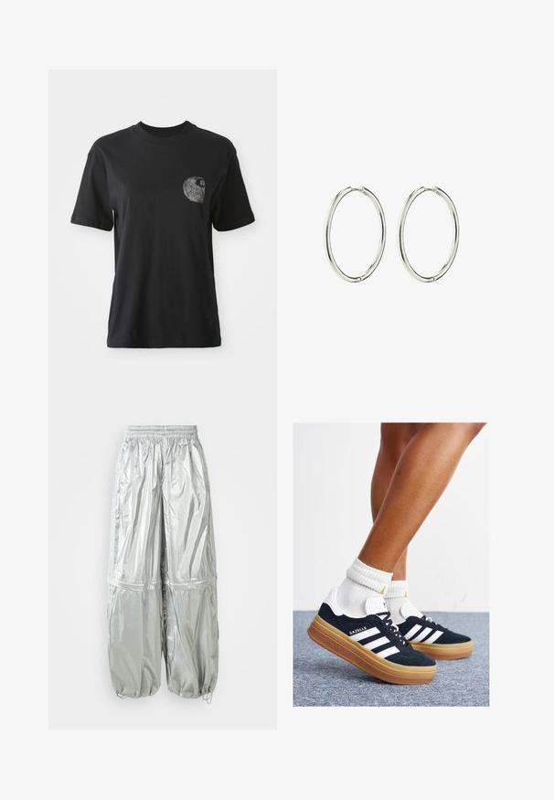 T-shirt nera in cotone con collo girocollo e maniche corte, caratterizzata da una grafica testurizzata di un design a spirale nell'area della tasca sul lato sinistro del petto.; Pantaloni cargo leggeri argento con texture lucida, vita elastica, polsini arricciati e due grandi tasche anteriori.; Sneakers in pelle scamosciata nera con strisce e dettagli bianchi, punta arrotondata, suola in gomma color gomme, abbinate a calzini bianchi a coste alla caviglia.; Orecchini a cerchio in argento con una finitura liscia e lucida. Forma rotonda, design leggero, con un meccanismo di chiusura sicuro.