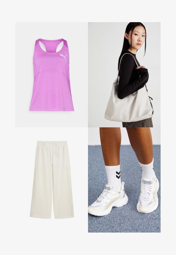 Camiseta deportiva rosa ligera y transpirable con textura de malla, diseño de espalda nadadora y logo blanco de Puma en el frente.; Pantalones de pierna ancha beige con una cintura elástica, cierres de botón a los lados y un pequeño logo en el frente. Hechos de un material suave y ligero.; Zapatillas blancas con acentos plateados, fabricadas en material de malla, y un diseño voluminoso. Combinadas con calcetines blancos que presentan patrones de chevron en negro.; Bolso de mano beige hecho de material suave, con un diseño holgado, detalles cosidos y dos asas. Adecuado para uso diario.