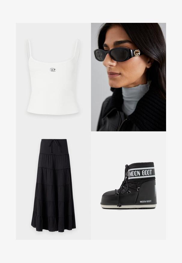 Fehér bordázott ujjatlan felső vékony pántokkal és testhezálló szabással. Középen egy kis kör alakú logó található. Simas textúra, minimalista stílus.; Fekete, réteges maxi szoknya húzózsinóros derékkal, amely áramló kialakítással és mintás anyaggal rendelkezik.; Fekete Moon Boot párnázott felsőrésszel, fűzővel rögzítve, jellegzetes fehér szalaggal, amelyen a logo található. Vastag, texturált gumitalp.; Fekete napszemüveg, sima, téglalap alakú kerettel, arany logóval az oldalon. Sötét lencsék és fényes felület jellemzi.