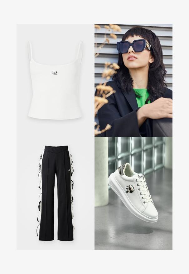 Camiseta sin mangas blanca de canalé con tirantes finos y diseño ajustado. Presenta un pequeño logo circular en el centro. Textura suave, estilo minimalista.; Pantalones deportivos negros con una cinturilla texturizada, que cuentan con paneles laterales blancos y detalles fruncidos, además de un logo bordado en la parte frontal.; Zapatilla blanca de Karl Lagerfeld con cordones, parche de logo en negro y beige, y pestaña metálica plateada en el talón, flotando sobre un suelo gris.; Gafas de sol de gran tamaño de color negro con un marco grueso y detalles en dorado, llevadas con un blazer negro y una camisa verde brillante, contra un fondo horizontal.