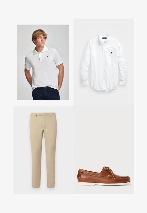 Hvid polo t-shirt lavet af bomuld, med klassisk krave, tre knaplukninger og et lille sort logo på brystet.; Hvid langærmet skjorte i bomuld. Har en klassisk krave, knapmanchetter og et lille marineblåt broderet logo på brystet.; Beige bomuldsbukser med lige pasform, der har bæltesløjfer, glat front og skræddersyede søm. Glat tekstur og minimal detaljer.; Brune læder bådsko med snørebånd, gyldne øjer og cremefarvet gummisål. Designet med et hævet sy mønster på tåen.