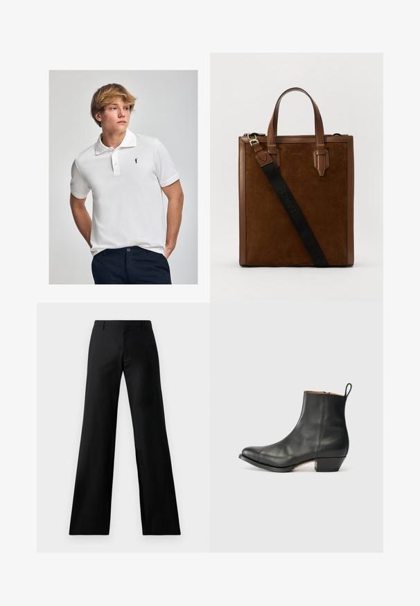 Hvid polo t-shirt lavet af bomuld, med klassisk krave, tre knaplukninger og et lille sort logo på brystet.; Sorte brede bukser lavet af et glat stof. Har en mellemhøj talje og folder foran, hvilket giver en skræddersyet silhuet.; Sort læder ankelstøvle med rund tå, let hæl, lynlås på siden og en pull tab bagi. Glat overflade og enkelt design.; Brun ruskind og læder tote bag med to toppe håndtag og en justerbar rem, der har et sort logo på remmen og en glat overflade.