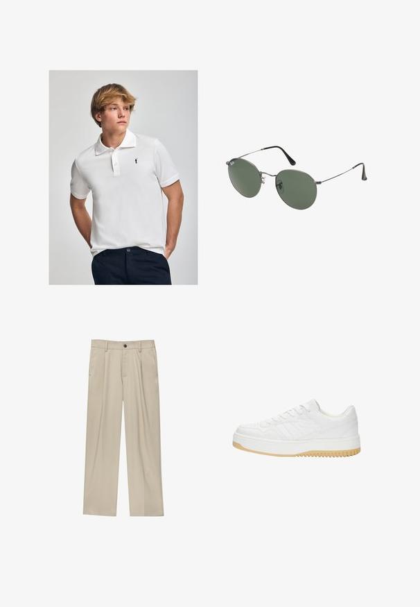 Witte polo shirt van katoen, met een klassieke kraag, drie knopen bij de hals en een klein zwart logo op de borst.; Beige broek met een rechte snit, voorzien van een enkele zwarte knoop, riemlussen en zijzakken. Glad stoffen textuur en een minimalistisch ontwerp.; Witte leren sneaker met een gematteerde afwerking, met een rubberen zool, vetersluiting en subtiele streepaccenten aan de zijkanten.; Metalen zonnebril met ovale groene lenzen. Dunne zilveren metalen rand en zwarte oorstoppers. Minimalistisch ontwerp, zonder zichtbare logo's.