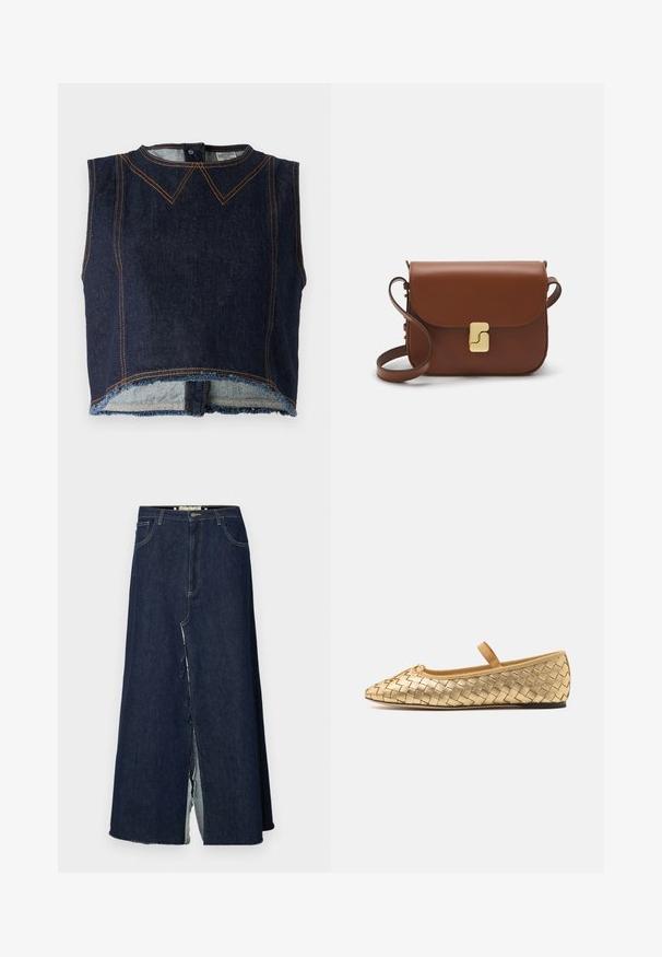 Baum und Pferdgarten MADI - Top - night sky denim; Saia longa de ganga azul escura com uma racha frontal. Apresenta um design tradicional de cinco bolsos e costuras visíveis. A bainha é desfiada.; Loeffler Randall LEONIE SOFT BALLET FLAT - Sabrinas com tira no tornozelo - gold; Bolsa de couro castanho com fecho de aba, decoração em tom dourado, alça de ombro e textura suave. Formato retangular compacto.
