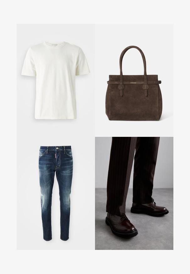 Tricou din bumbac de culoare crem deschis, cu gât rotund și mâneci scurte. Textură netedă, design simplu și croială relaxată. Fără modele sau accente.; Jeans de denim bleu închis cu o croială slim, având zone uzate pe coapse și genunchi, cinci buzunare și închidere cu un buton din metal.; Pantofi din piele maro, cu șiret, având un finisaj lucios, talpă din cauciuc negru și o cusătură subtilă. Purtați cu pantaloni maro cu dungi.; Geantă de umăr din suede maro închis, cu două mânere și o curea orizontală care prezintă o mică placă logo aurie DSQUARED2.
