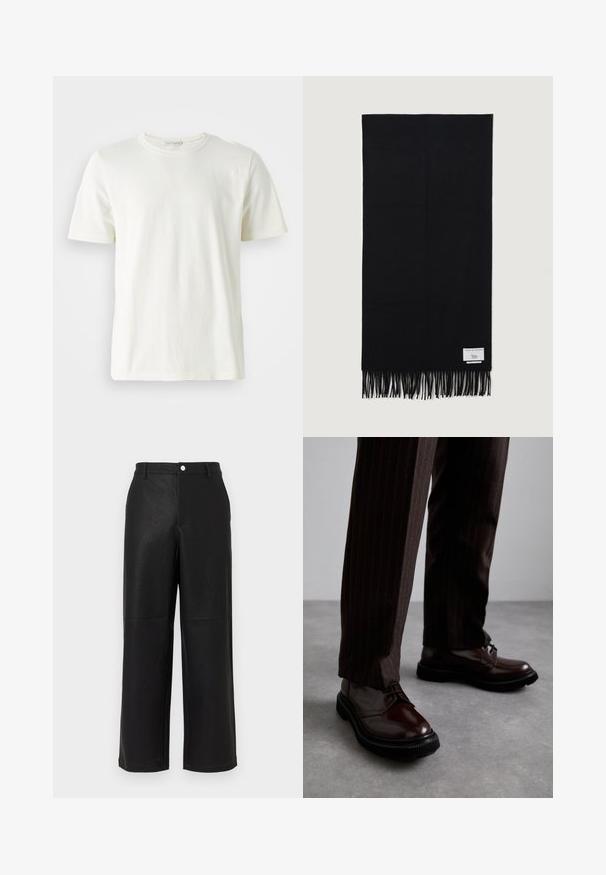 Vaalean kermanvärinen puuvillapaidat, joissa on pyöreä kaula-aukko ja lyhyet hihat. Suora pinta, yksinkertainen muotoilu ja rento istuvuus. Ei kuvioita tai koristeita.; Mustat tekonahkaiset leveät housut, joissa on hienovarainen teksturointi. Varustettu etutaskuilla ja sileällä vyötärönauhalla, jossa on nappikiinnitys.; Ruske nahkasaapad, joissa on kiiltävä pinta, musta kumipohja ja hienovarainen ompelu. Yhdistetty raitapolkkaisiin ruskeisiin housuihin.; Mustakankainen huivi, joka on valmistettu pehmeästä kankaasta. Huivissa on pitkät hapsut päissä ja pieni brändilogo toisella puolella.