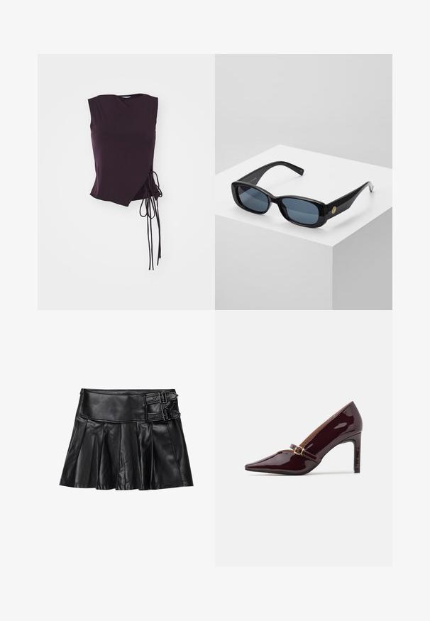 Asymmetrical sleeveless top in dark purple fabric, featuring a side tie detail and a smooth texture with an angular neckline.; Black leather skirt with pleats, wide waistband, and two buckle accents on the side. Smooth texture with a glossy finish.; Patent burgundy high heel shoe with pointed toe, ankle strap featuring gold hardware, and a sleek, polished finish. Elevated stiletto heel.; Black rectangular sunglasses with tinted blue lenses, thick frames, and a gold circular accent on the side. Sleek, shiny finish.; Burgundy handbag made of synthetic material with a structured design, featuring a detachable strap and a floral-patterned scarf tied to the handle.
