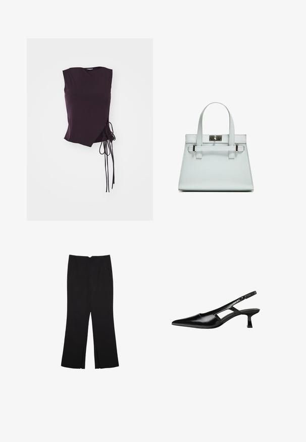 Top asimmetrico senza maniche in tessuto viola scuro, caratterizzato da un dettaglio di legatura laterale e una texture morbida con un collo angolare.; Pantaloni neri a gamba dritta, con tasche frontali e spacchi laterali all'orlo. Realizzati in tessuto morbido e liscio. Adatti a diverse occasioni.; Tacchi slingback in pelle verniciata nera con punta affusolata, design con tagli laterali e tacco quadrato piccolo. Texture liscia con dettagli minimi.; Borsa a mano azzurro chiaro con design strutturato, due manici e chiusura in metallo tono argento. Materiale testurizzato e angoli acuti.