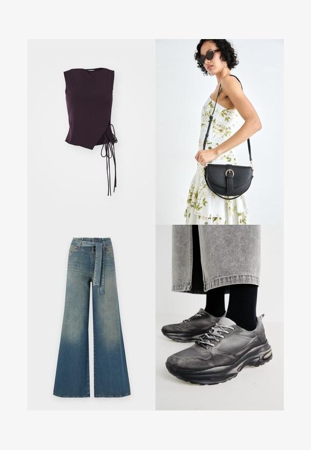 Asymmetrical sleeveless top in dark purple fabric, featuring a side tie detail and a smooth texture with an angular neckline.; Wide-leg denim trousers featuring a light to dark blue gradient, high waist, belt loops, and a matching fabric belt. Textured denim finish.; Black and gray athletic shoes feature a mesh upper, thick soles, and laces. They have a rounded toe and visible cushioning detail.; Black leather handbag with a curved shape, detachable strap, and gold hardware. The bag features a flap with a buckle detail.
