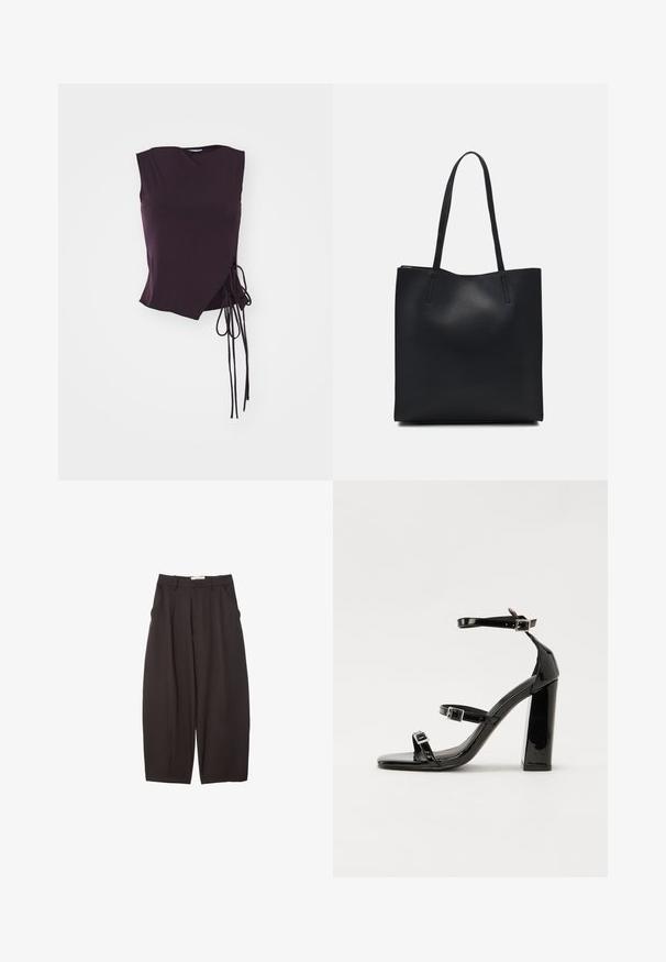 Top asimmetrico senza maniche in tessuto viola scuro, caratterizzato da un dettaglio di legatura laterale e una texture morbida con un collo angolare.; Pantaloni neri a gamba larga realizzati in un tessuto morbido, con vita alta, pieghe frontali e tasche laterali. Design semplice senza decorazioni.; Sandali con tacco in vernice nera, con punta squadrata, cinturini alla caviglia e fibbie in argento. Presentano un tacco a blocco spesso per maggiore stabilità.; Borsa tote in pelle nera con texture liscia, forma rettangolare e due manici lunghi. Nessun hardware o decorazione visibile.