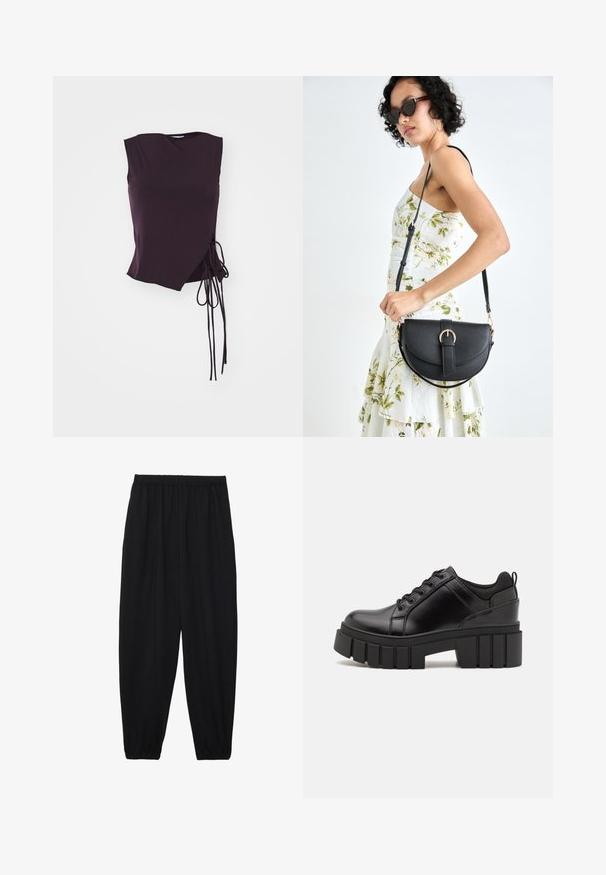 Asymmetrical sleeveless top in dark purple fabric, featuring a side tie detail and a smooth texture with an angular neckline.; Black, lightweight pants with an elastic waistband and gathered ankles. The fabric is smooth and features a relaxed, tapered design.; Black leather platform shoes with a chunky block heel, round toe, and traditional lace-up design. Features smooth texture and minimal detailing.; Black leather handbag with a curved shape, detachable strap, and gold hardware. The bag features a flap with a buckle detail.