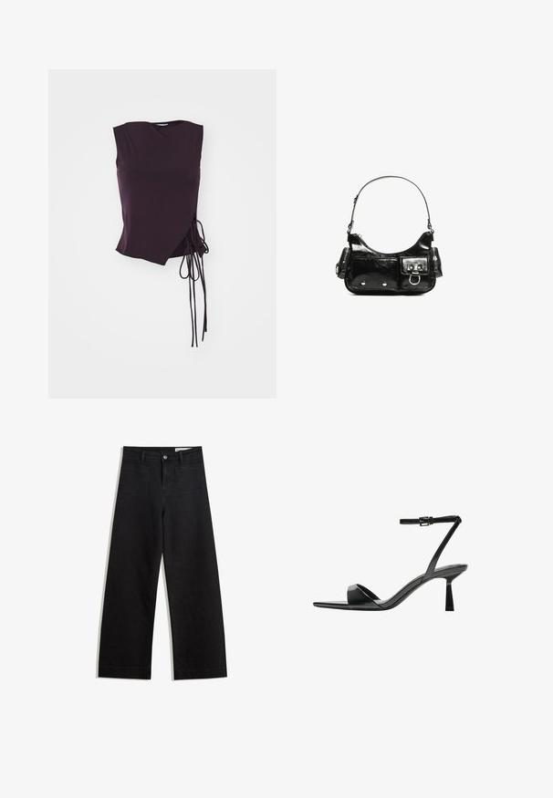 Top asimetric fără mâneci din material de culoare mov închis, cu un detaliu de legare pe lateral și o textură netedă, având un decolteu unghiular.; Pantaloni din denim negri cu picioare largi, cu talie înaltă, având buzunare frontale și posterioare, cusături dublate și închidere cu nasture. Textură netedă.; Bershka Sandale cu toc - black; Geantă de mână din piele lăcuită neagră, cu o formă curbată, un umăr, buzunare frontale și accente din metal argintiu.
