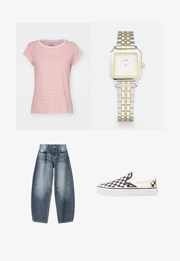 Mads Nørgaard STRIPE TEASY TEE - Triko s potiskem - brilliant white/shell pink; Džínsy s širokými nohavicemi vyrobené z světle modrého denimového materiálu s vybledlým vzhledem, s pěti kapsami, zapínáním na knoflík a minimálními stehy.; Černo-bílé kostkované slip-on boty Vans s plátěným svrškem, gumovou podrážkou a polstrovaným límcem. Plochá, kulatá špička s bílými akcenty na podrážce.; Čtvercové hodinky Cluse s bílým ciferníkem, zlatými a stříbrnými akcenty a bi-metalovým páskem s střídavými zlatými a stříbrnými články.