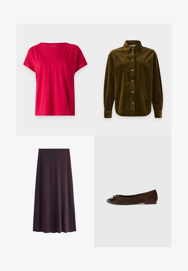 Top corto rojo de manga corta con escote en V y ligero fruncido en los hombros. Confeccionado en una suave tela texturizada con un corte relajado.; Camisa de pana en verde oliva oscuro, con un cuello con solapa, botones en el frente y un bolsillo en el pecho izquierdo. Texturizada con rayas verticales.; Falda morada hecha de una tela suave, con una silueta en A y un dobladillo a la altura de la rodilla, sin patrones ni cierres visibles.; Bailarinas de ante marrón con una puntera de charol marrón oscuro brillante y un pequeño lazo decorativo en la parte frontal. Suela plana.