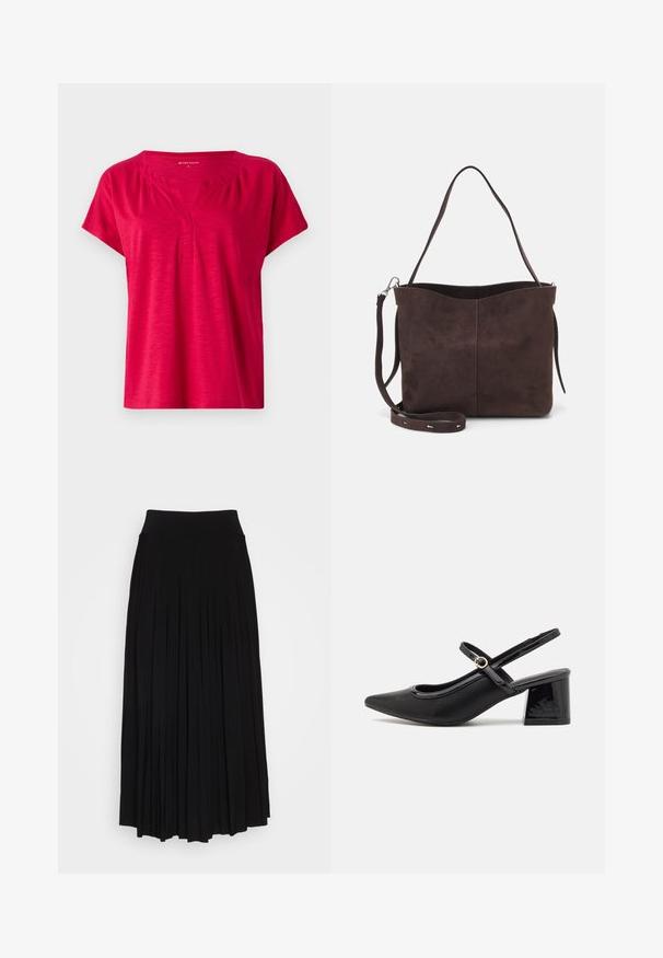 Rotes Kurzarmoberteil mit V-Ausschnitt und leicht gerafften Schultern. Hergestellt aus weichem, strukturiertem Stoff mit lockerer Passform.; Schwarzer plissierter Rock mit breitem, dehnbarem Bund. Gefertigt aus weichem Stoff, mit vertikalen Falten für eine fließende Silhouette.; Schwarze Lackleder-Slingback-Absätze mit spitzer Zehenform, einem runden Ausschnitt-Design und einem Blockabsatz. Mit einem goldfarbenen Schnallenakzent.; Braune Wildleder-Tasche mit weicher Textur, ausgestattet mit einem einzelnen Schulterriemen und einer dezenten, gewölbten Öffnung an der Oberseite. Keine sichtbaren Beschläge.