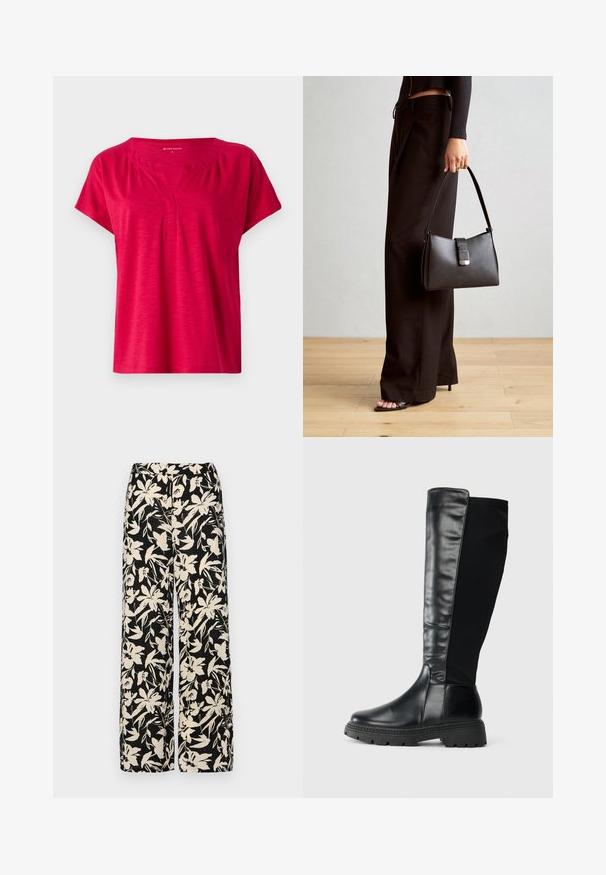 Red short-sleeve top with a V-neckline and slight gathering at the shoulders. Made of soft, textured fabric with a relaxed fit.; Black wide-leg pants with a cream floral pattern. Made of lightweight fabric, featuring a smooth texture and a high waistband.; Black knee-high boots with a smooth leather front and fabric back, featuring a textured rubber sole and a rounded toe.; Black handbag with structured shape, smooth texture, and a metallic clasp. Paired with wide black pants and open-toe sandals on wooden floor.