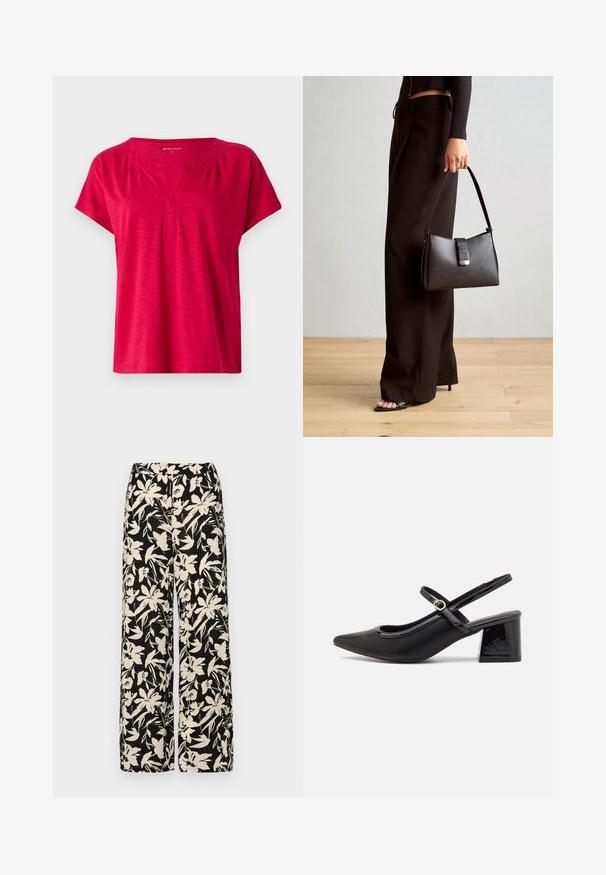 Punane lühikeste varrukatega topp V-kaelusega ja õrnade kogumispaeltega õlgadel. Valmistatud pehmest, tekstuurilisest kangast, millel on lõdvestatud istuvus.; Mustad laiad püksid kreemja lillemustriga. Valmistatud kergest kangast, millel on sile tekstuur ja kõrge vöökoht.; Mustad läikivad nahast slingback-kõrged kontsad, millel on terav nina, ümar lõikekujundus ja blokknina. Omab kuldset nupu aktsenti.; Must musta kott, millel on struktureeritud kuju, sile tekstuur ja metallist klamber. Kombineeritud laiate mustade pükstega ja avatud varvaste sandaalidega puidust põrandal.